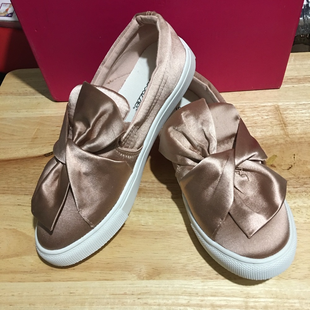 Shoe Dazzle Satin Bow Slip-On Sneakers - Rose Gold